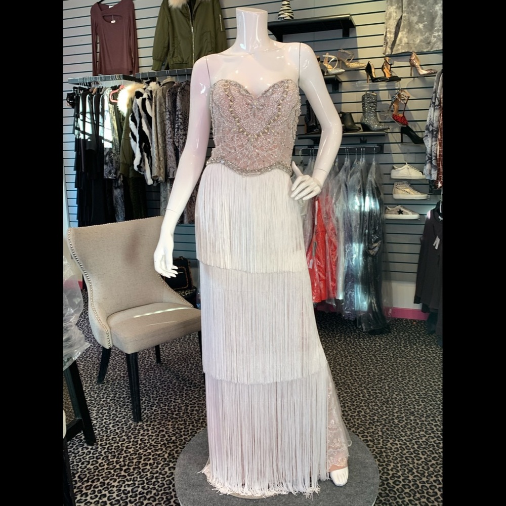 White fringe lace gown